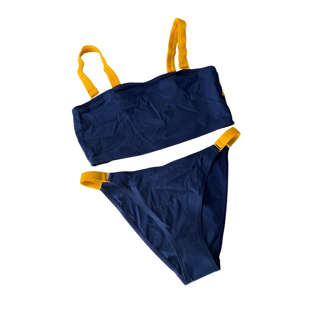 SHAN Navy Blue Yellow Bikini Set High Cut Strappy Top Bottom Women Size 10 M